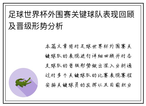足球世界杯外围赛关键球队表现回顾及晋级形势分析